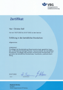 Zertifikat betrieblicher Brandschutz Christian Stoll Brandschutzbeauftragter
