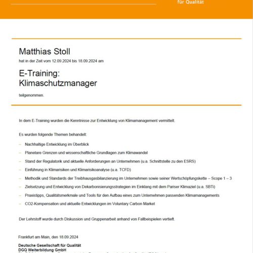 Weiterbildung zum Klimaschutzmanager abgeschlossen