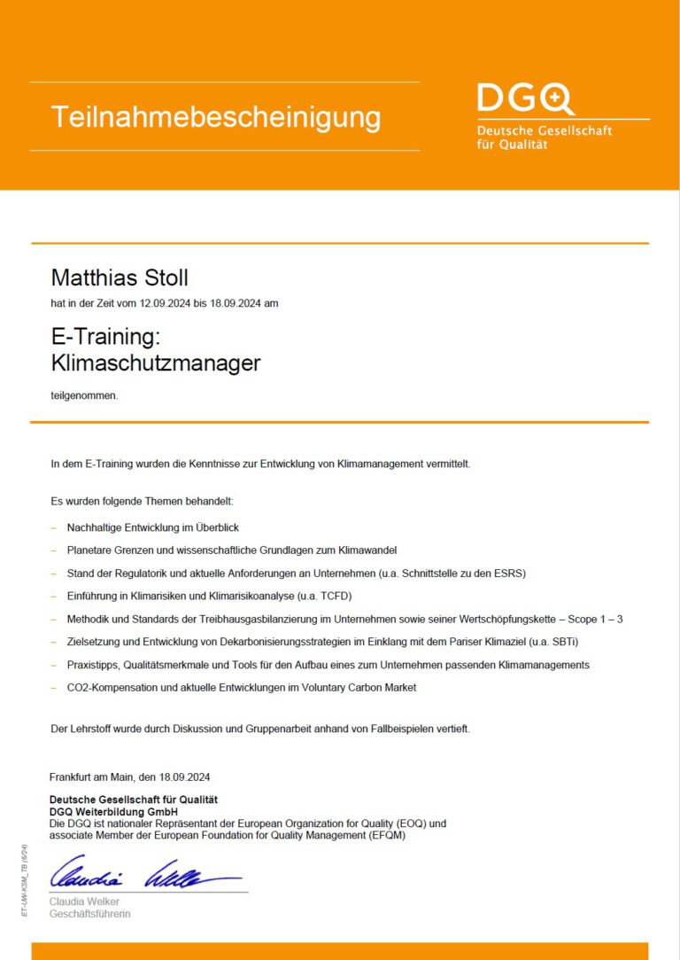 Mehr über den Artikel erfahren Weiterbildung zum Klimaschutzmanager abgeschlossen